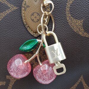 Authentic Louis Vuitton Gold Lock & Key w/ Unbranded Cherry Pink Charm Keychain